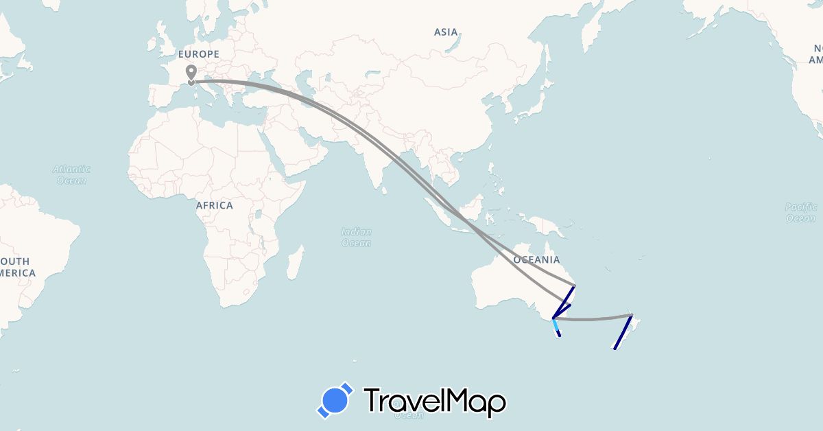 TravelMap itinerary: driving, plane, boat in Australia, France, New Zealand, Singapore (Asia, Europe, Oceania)